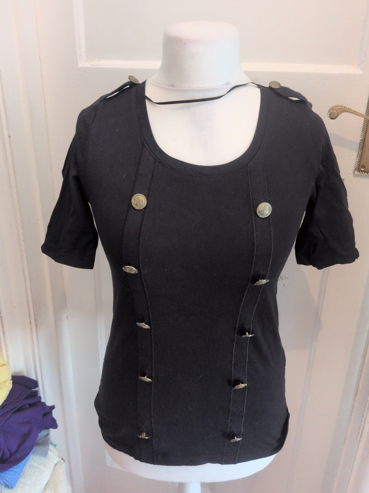 H&M 10 Black With Gold Buttons Imitation Short Sleeve Blouse