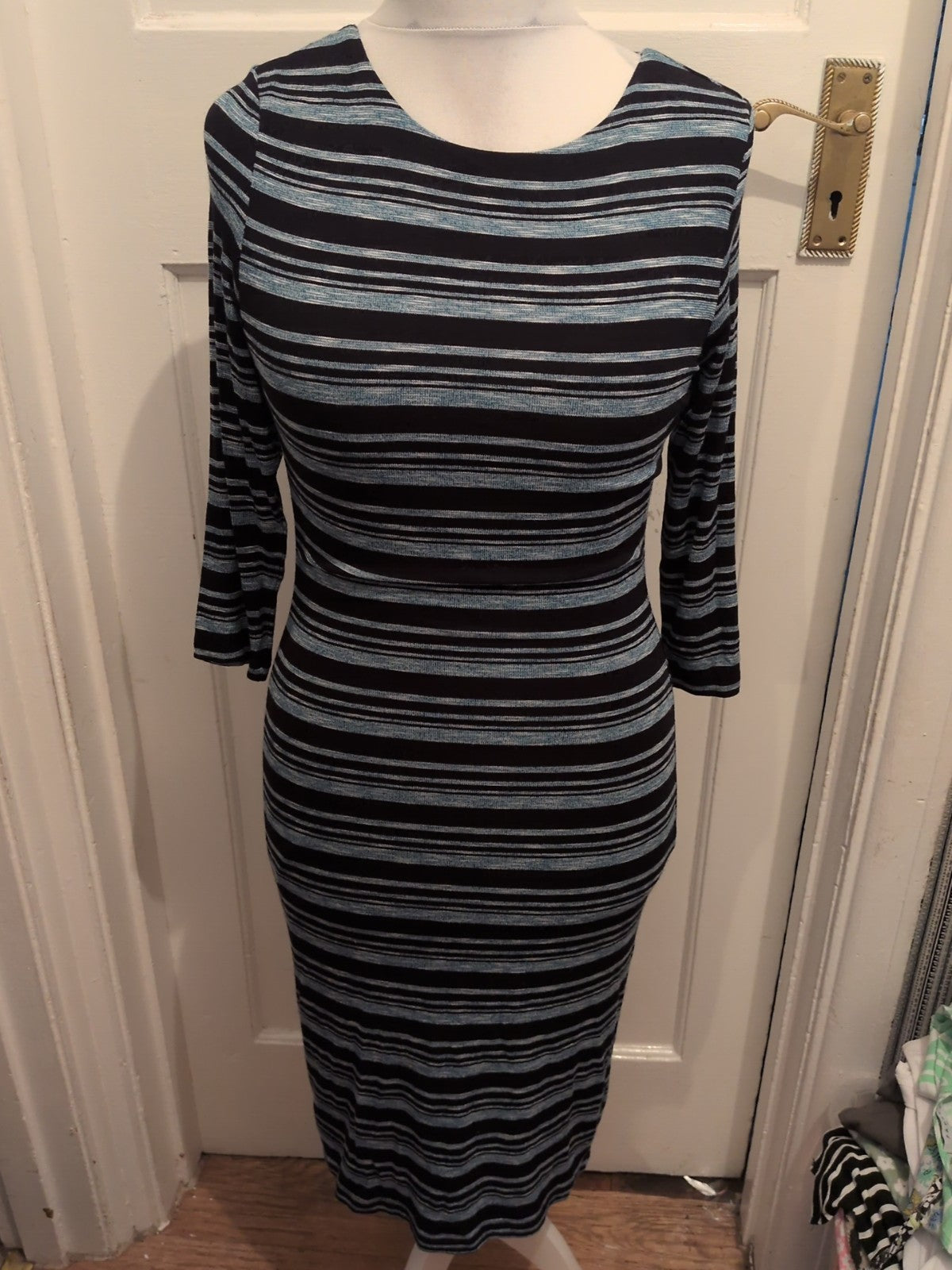 M&S Collection Aqua And Black Stripe 3/4 Sleeve Dress 10