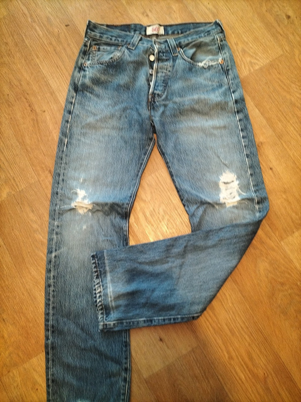 Mens Levis 501 Size W28" L30" Blue Denim Ripped Jeans