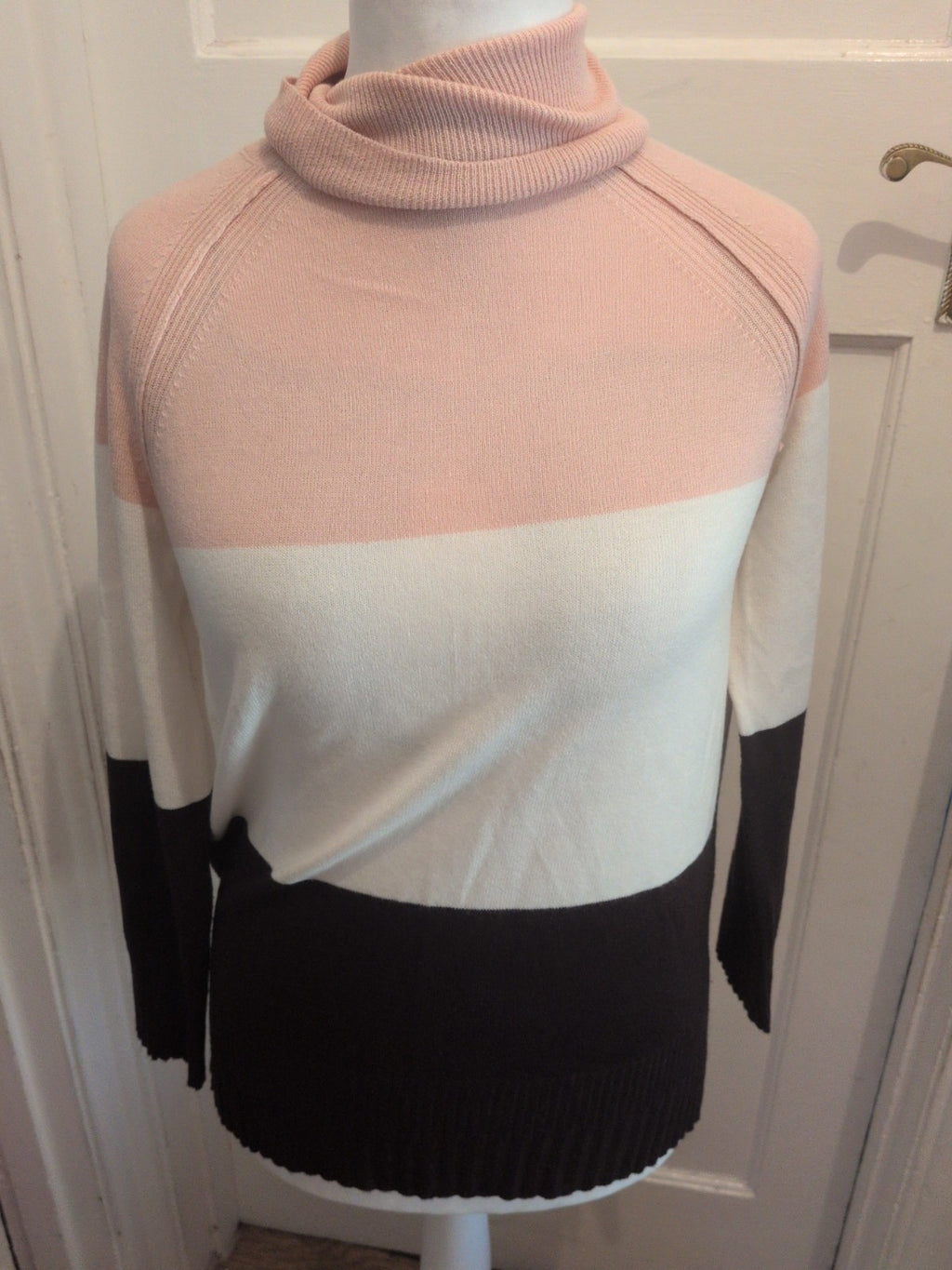 Ladies M&Co Size 8 Pink/White and Dark Brown High Neck Jumper