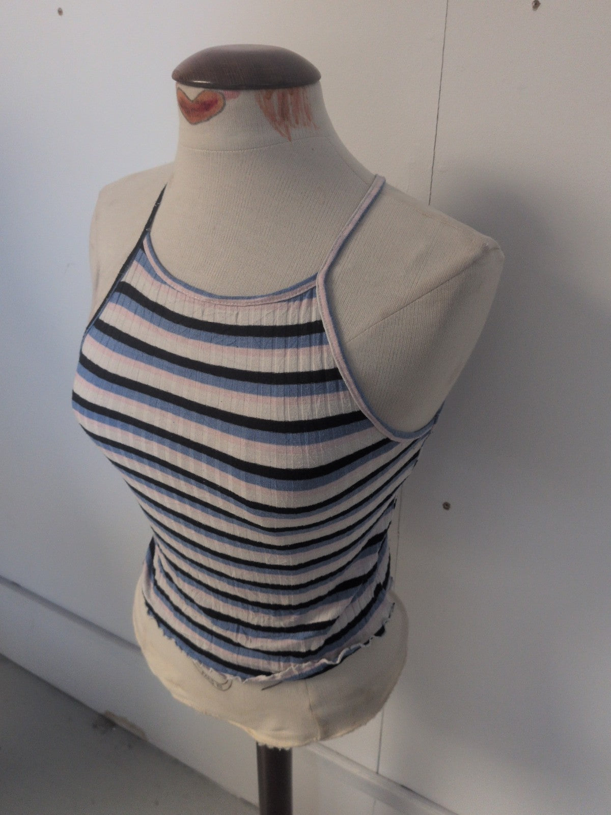 Ladies Primark Size 8 Multi Stripe Sleeveless T-shirt Scallop Hem