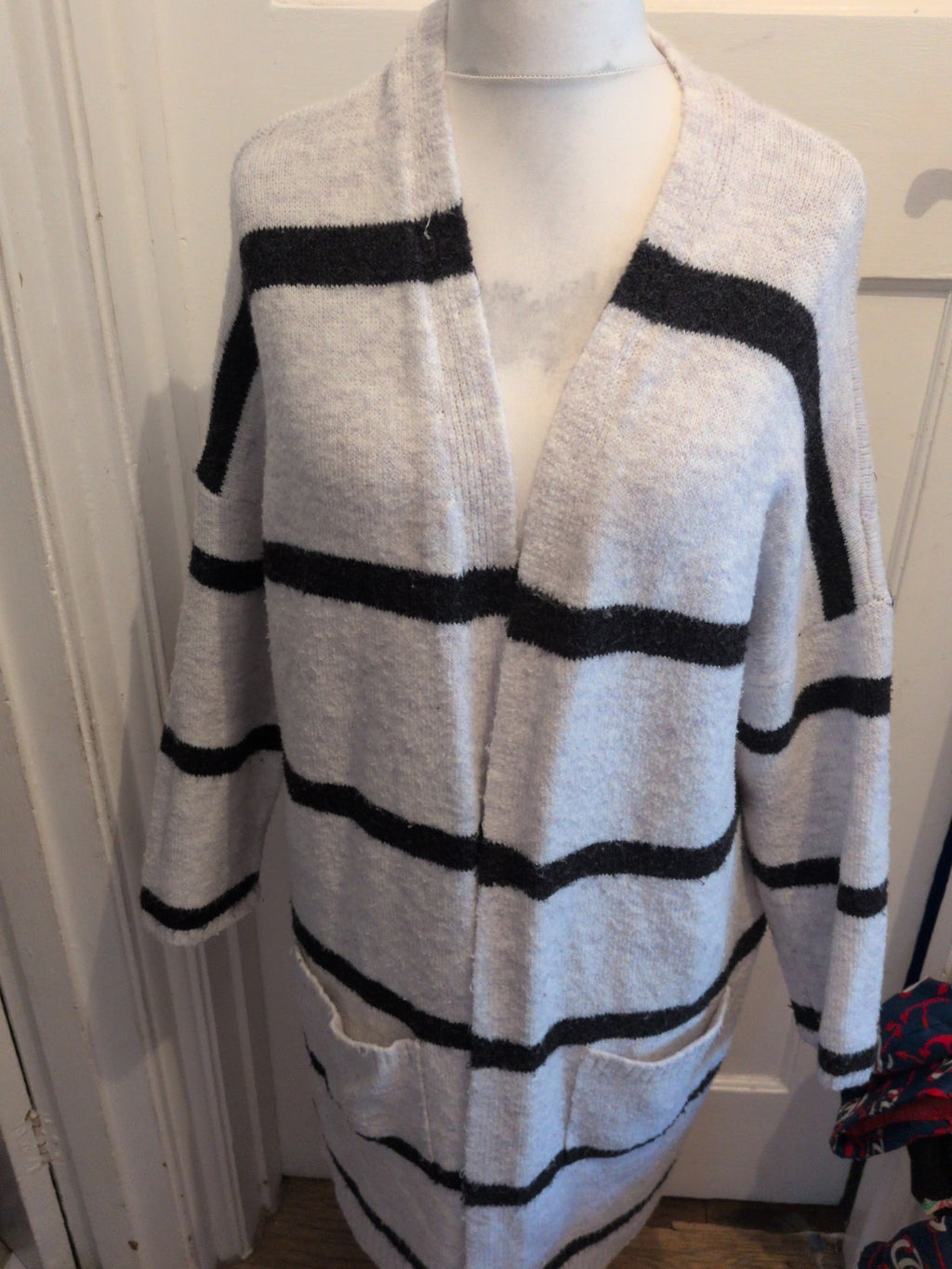 Primark 16 Winter White Black Stripe Long Length Cardigan