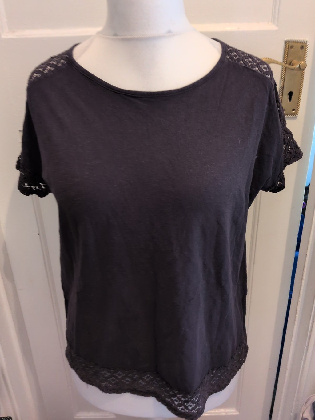 M&S Collection Large Black(Fading) Lace Trim Short Sleeve Blouse
