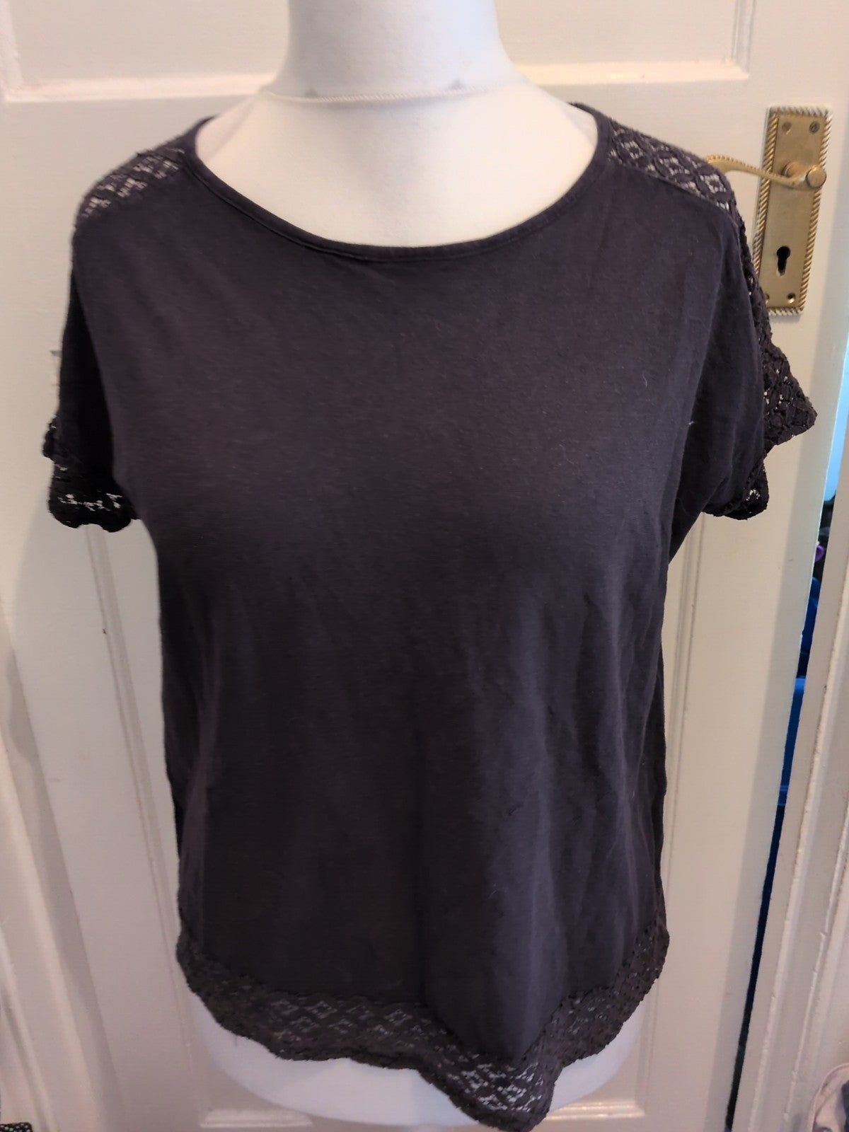 M&S Collection Large Black(Fading) Lace Trim Short Sleeve Blouse