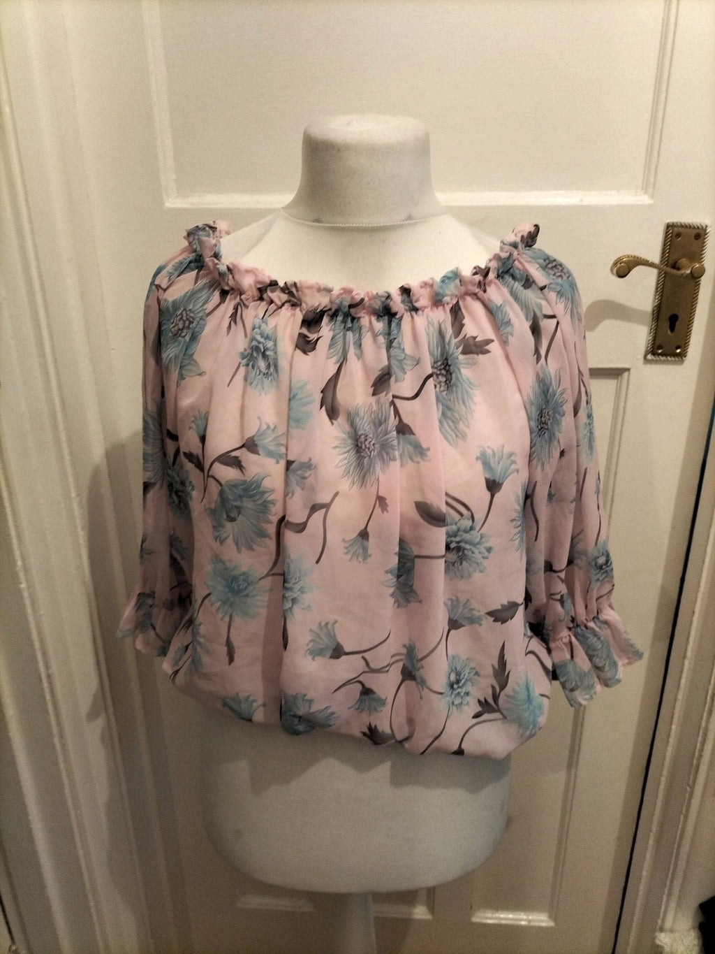 XL Pink And Blue Floral Elasticated Hem Long Sleeve Blouse