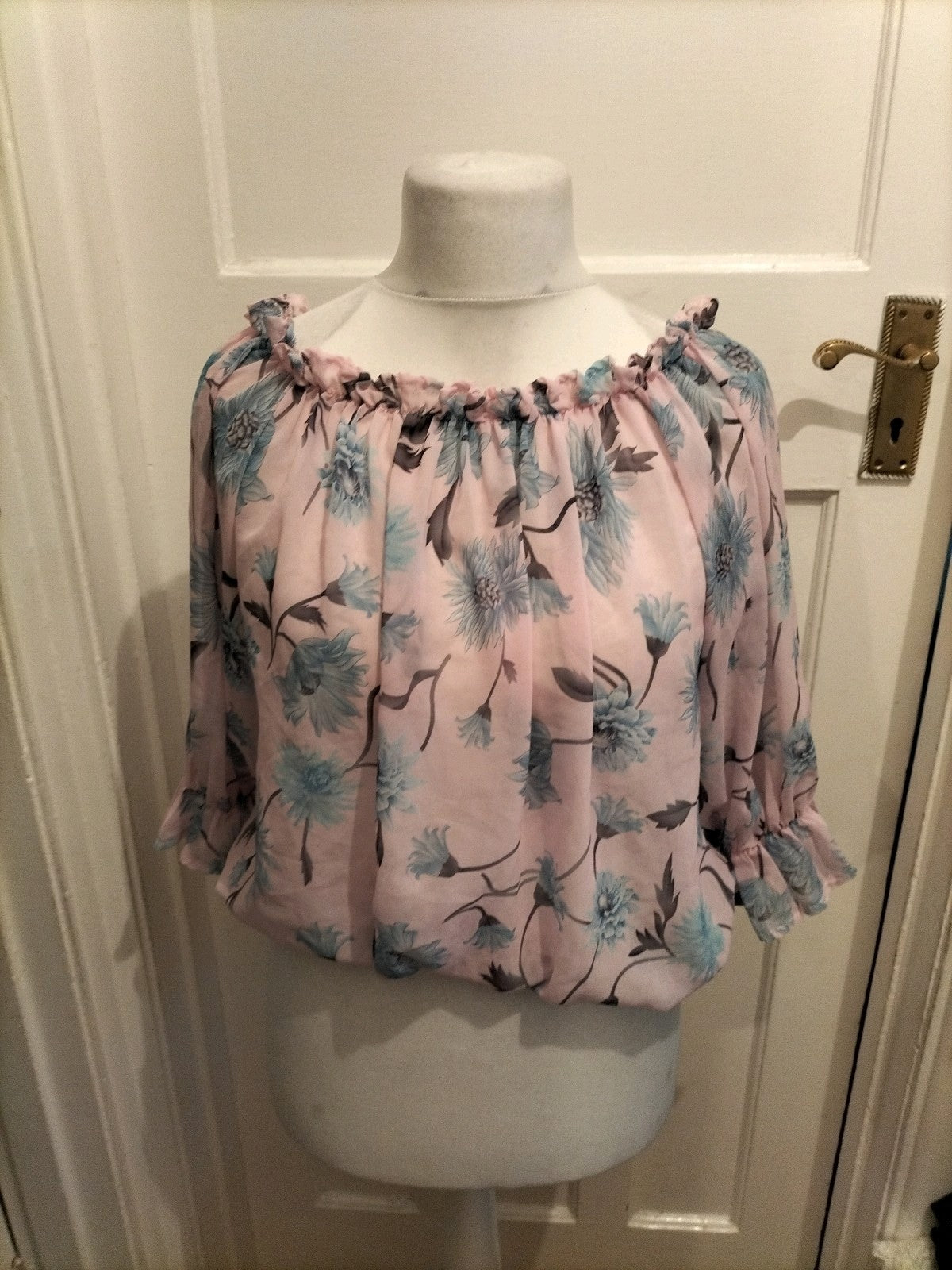 XL Pink And Blue Floral Elasticated Hem Long Sleeve Blouse