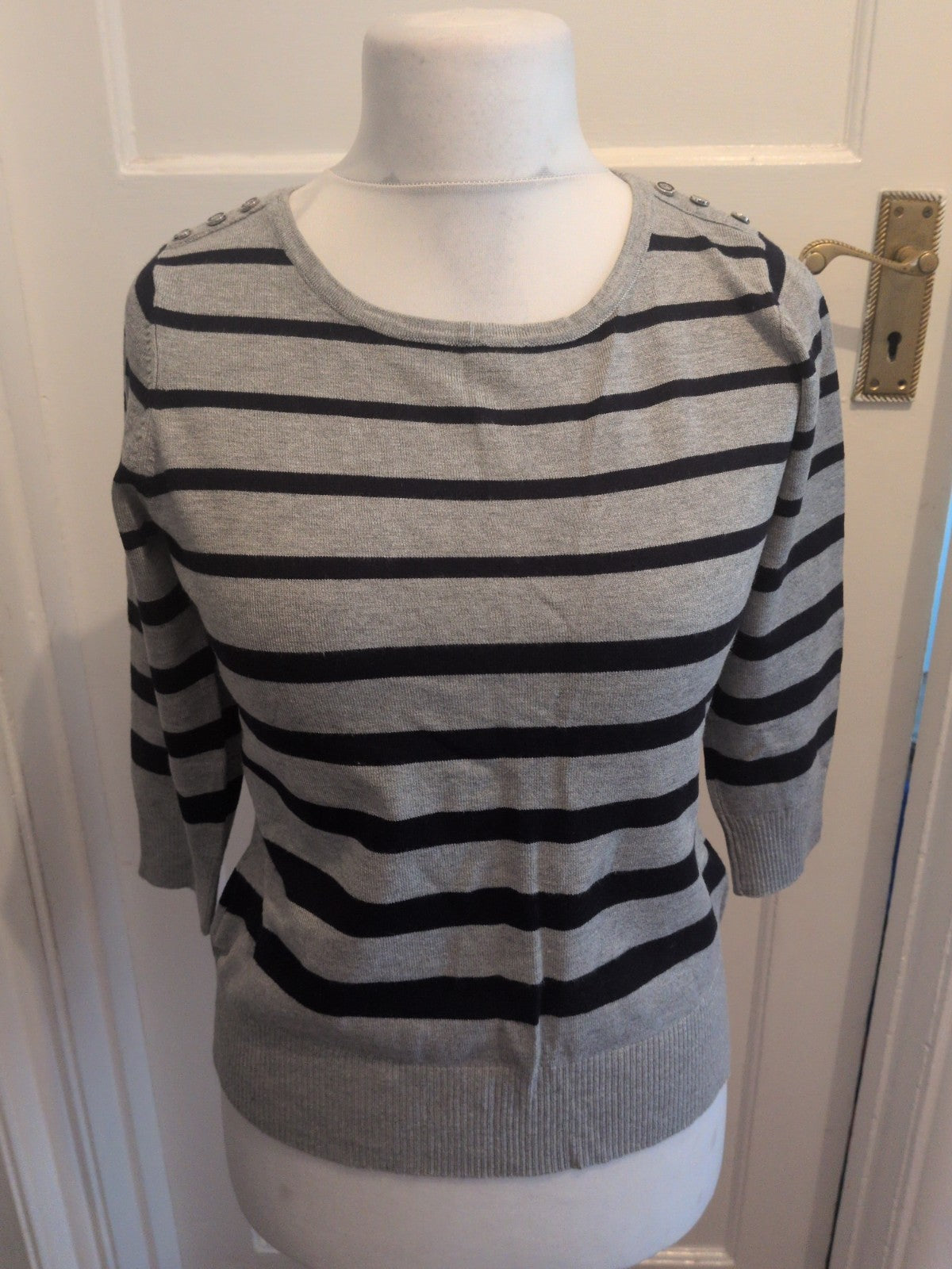 CC Small Petite Grey And Navy Stripe Long Sleeve Lightweight Jumper