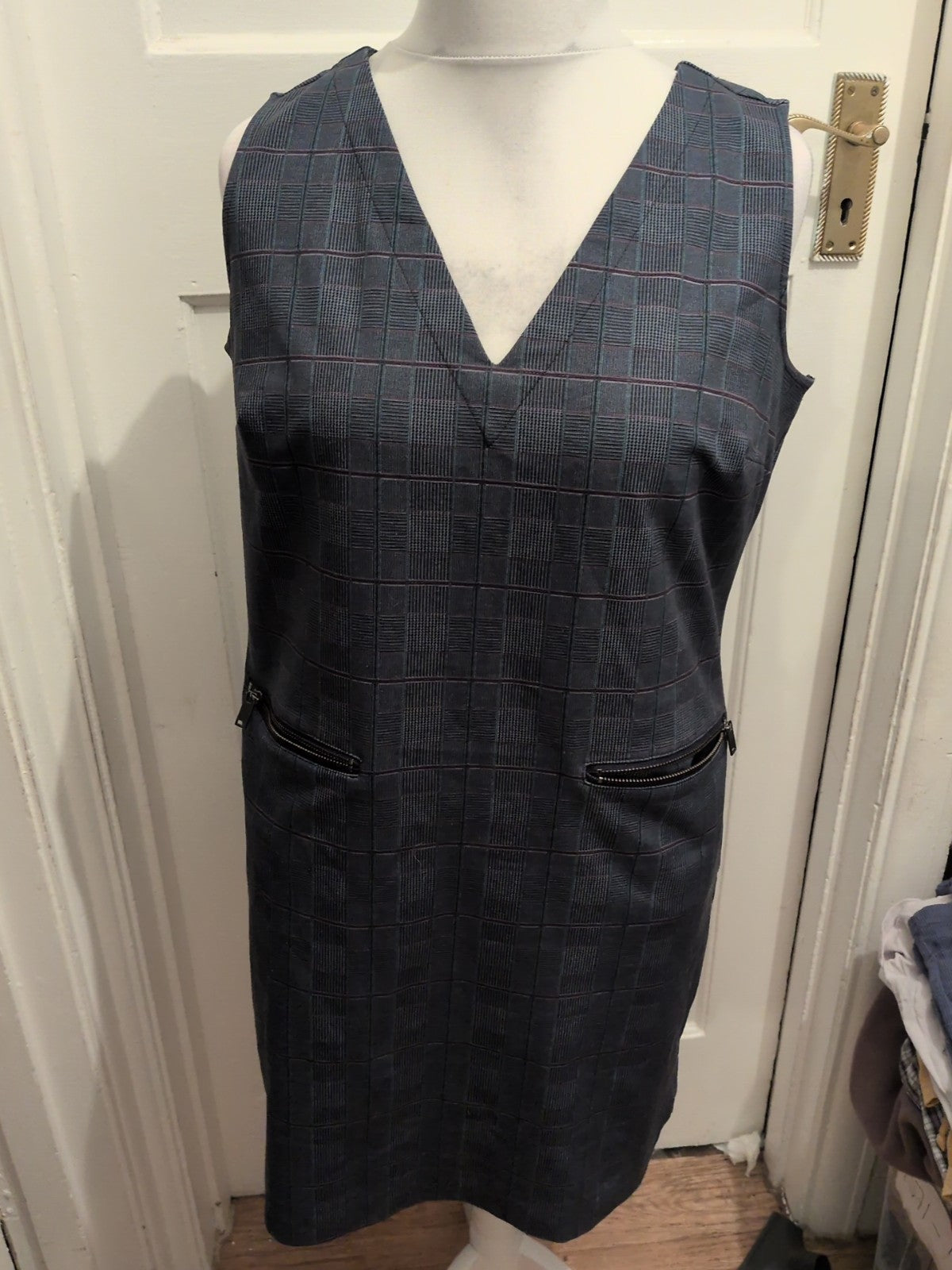 Next 14 V Neck Grey Check Sleeveless Dress