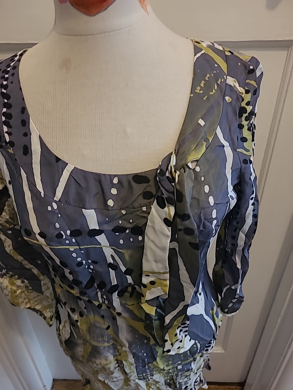 Ladies Per Una Size 10 Green Grey Mid Sleeved Short Dress