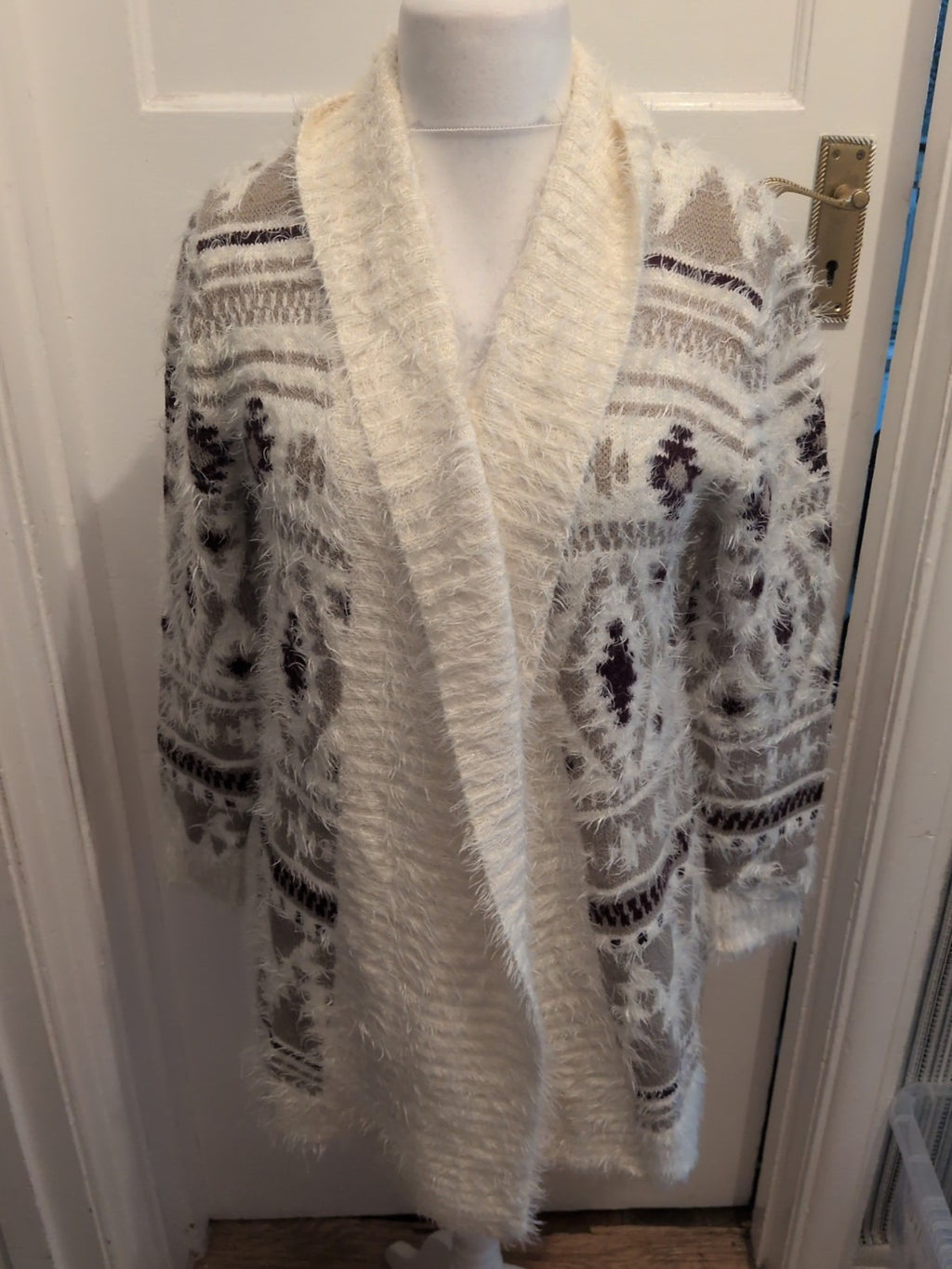 Peacocks Medium Fluffy Beige/Cream/Purple Open Cardigan
