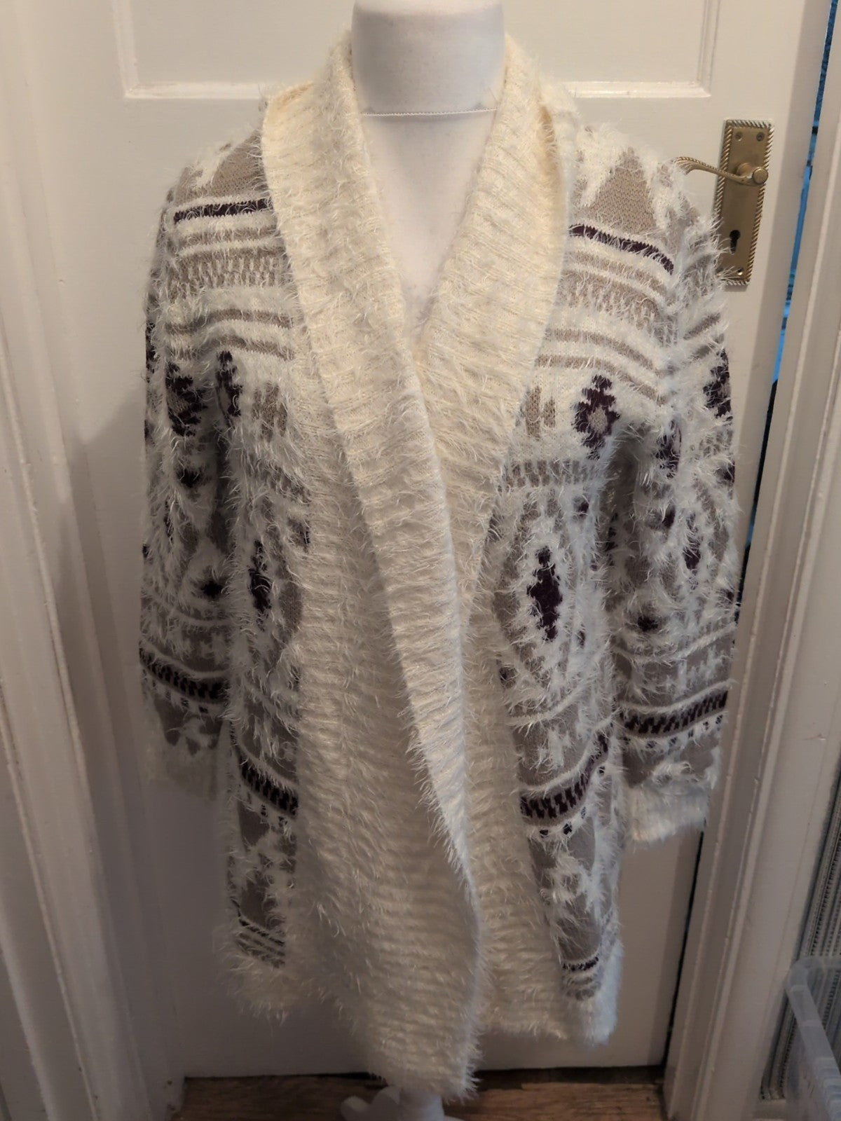 Peacocks Medium Fluffy Beige/Cream/Purple Open Cardigan