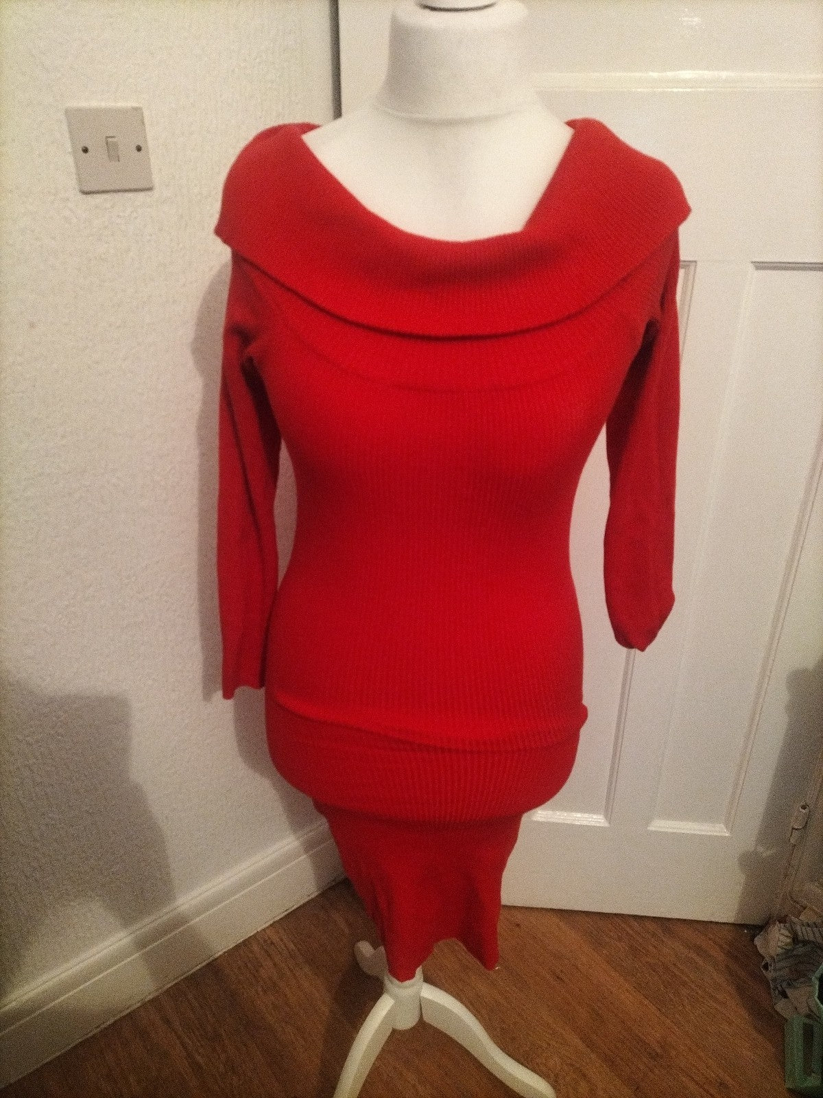 Ladies Orsay Size Large Red Ribbed Roll Neck Jumper Dress
