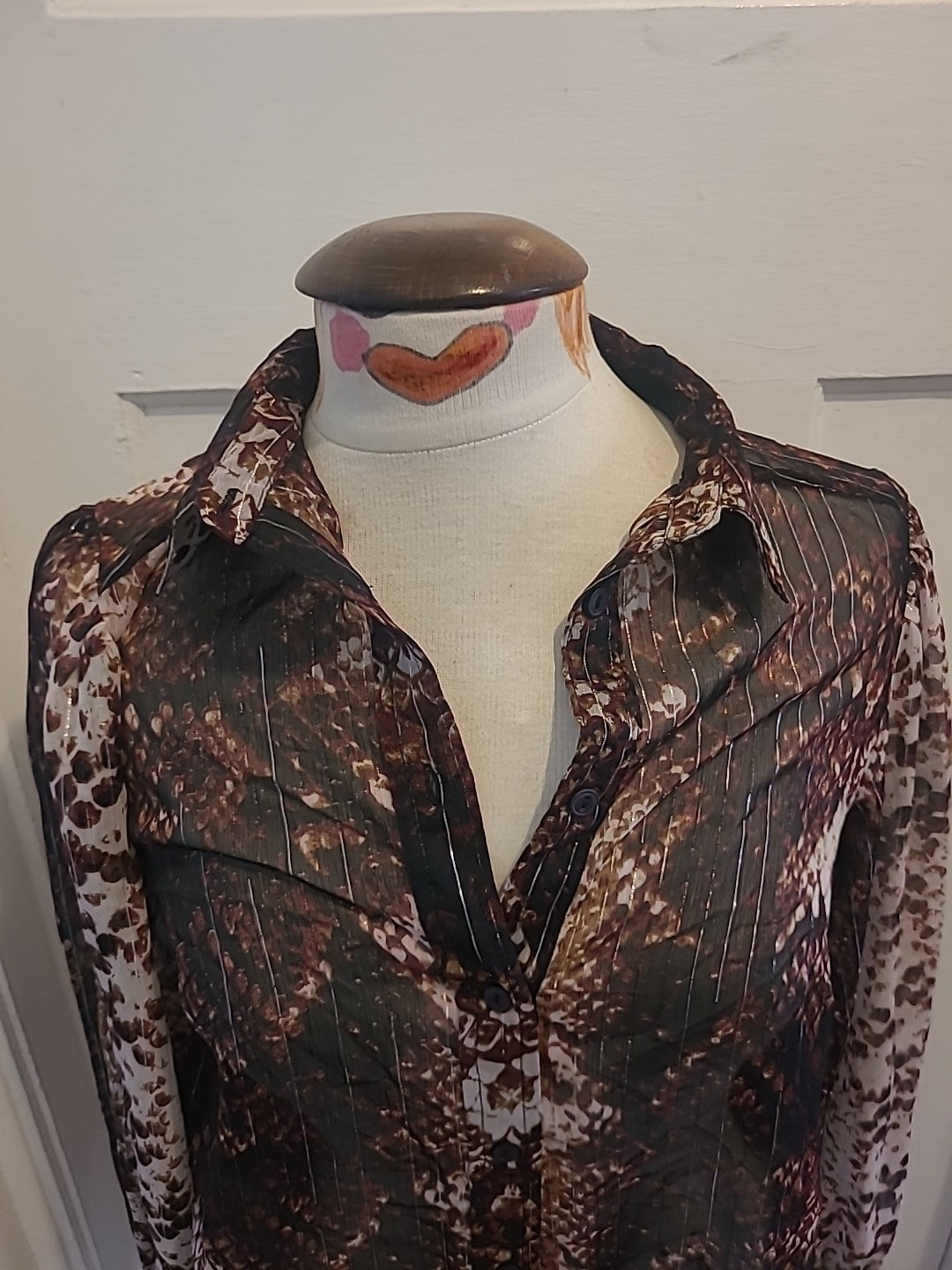 Ladies Next Size 10 Brown Cream See Through Long Sleeved Blouse