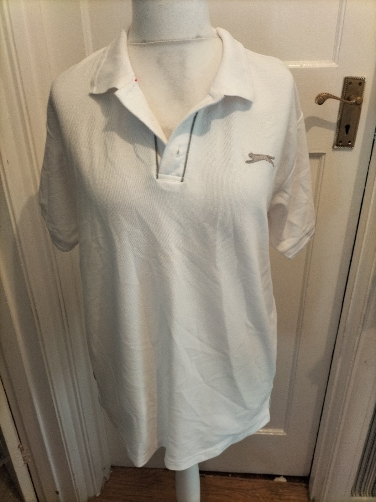 Mens Slazenger Size L White With Grey Logo Short Sleeved Polo
