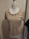 Ladies BM Size M Beige Short Sleeved Detail Neck Tshirt
