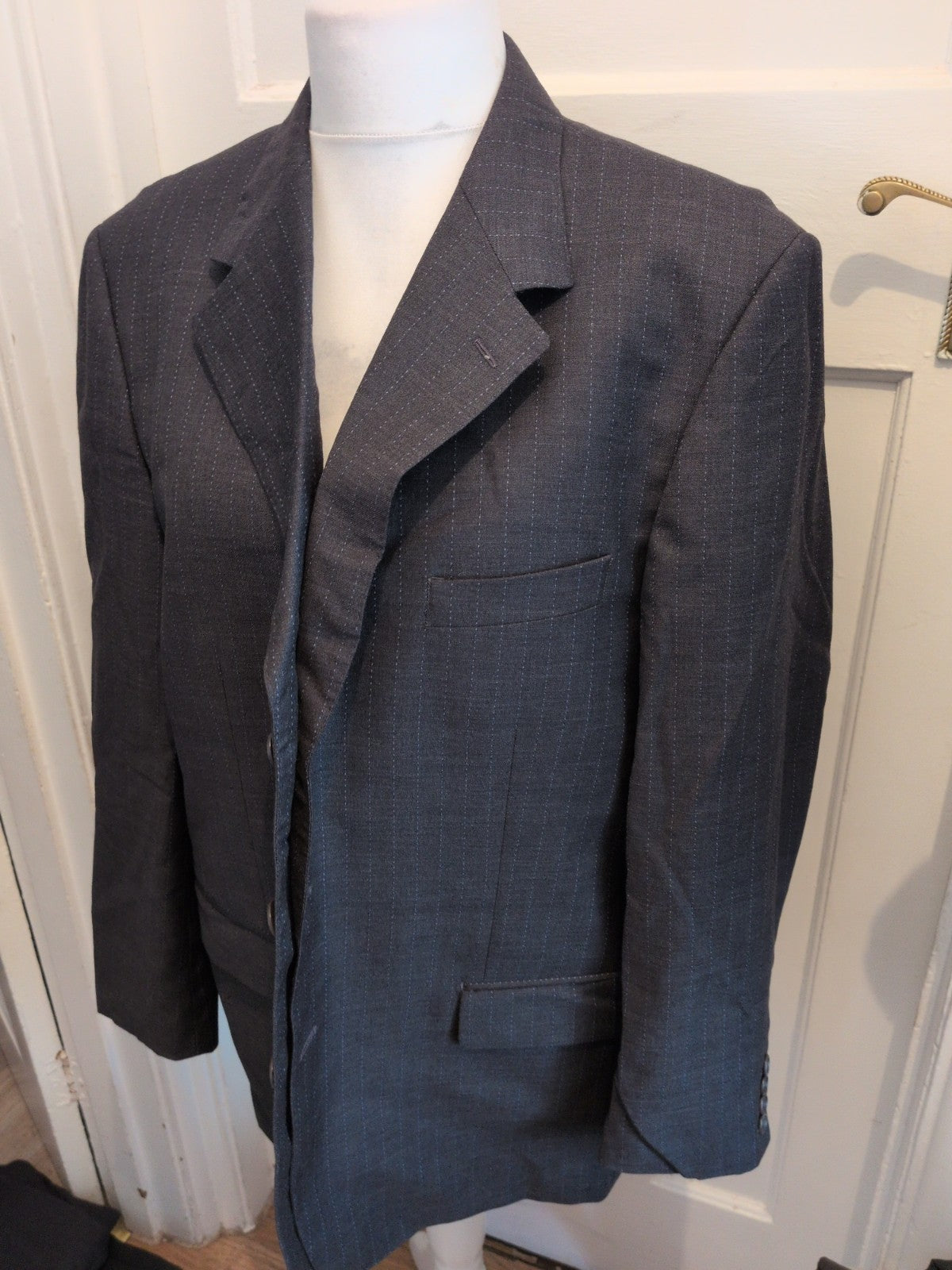 Hunts 44s Grey And Blue Stripe Suit Jacket