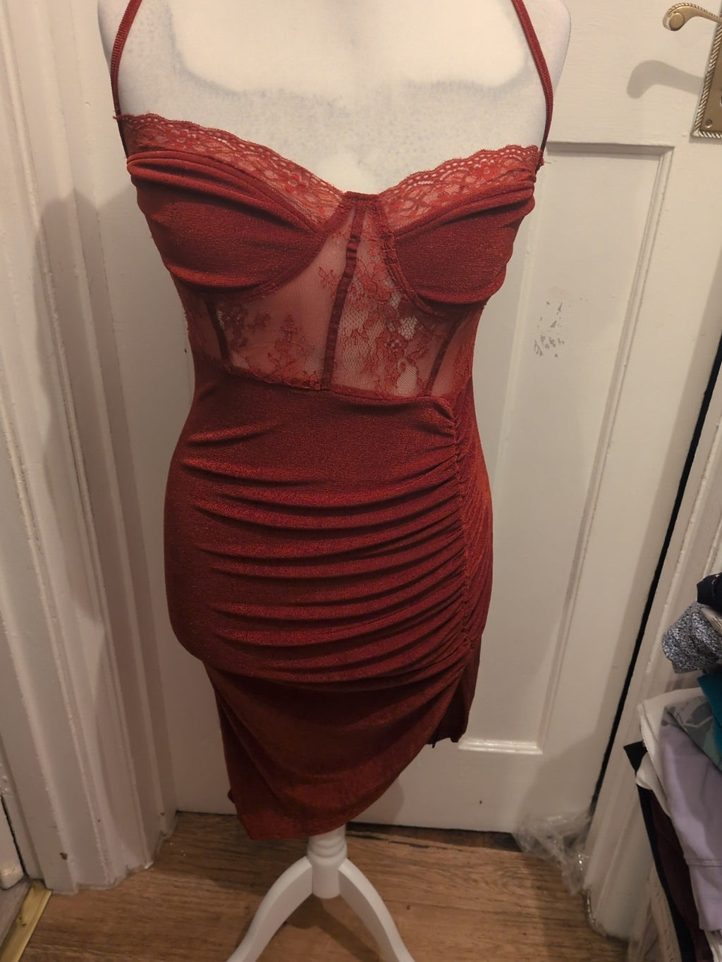 Cider Medium Red Sleeveless Lace Bust Dress Ruched