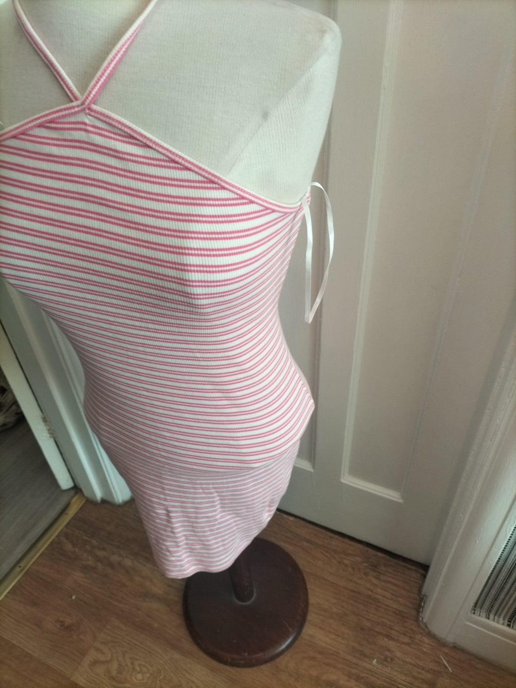 Ladies New Look Size 10 Pink White Striped Halterneck Dress