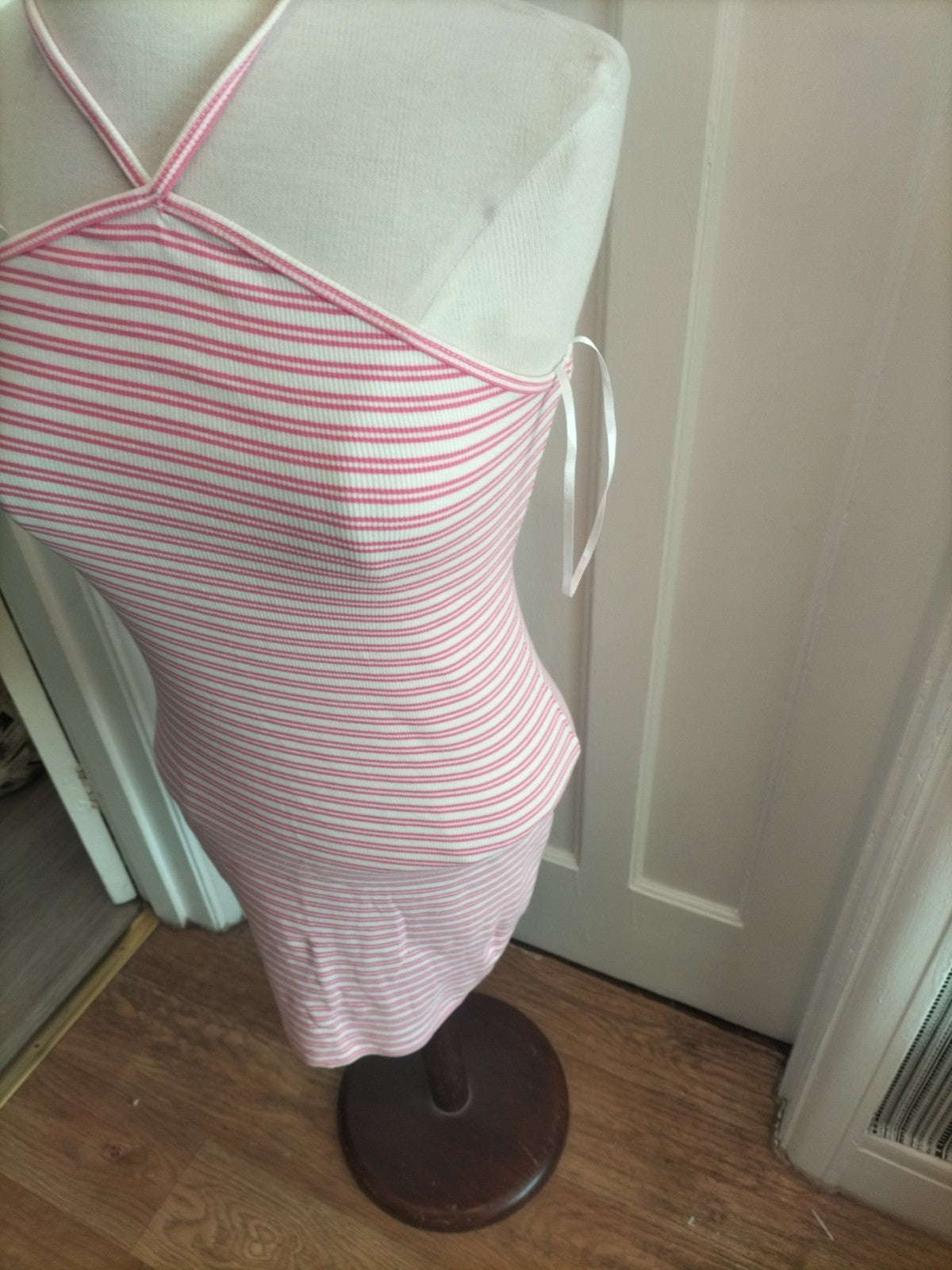 Ladies New Look Size 10 Pink White Striped Halterneck Dress