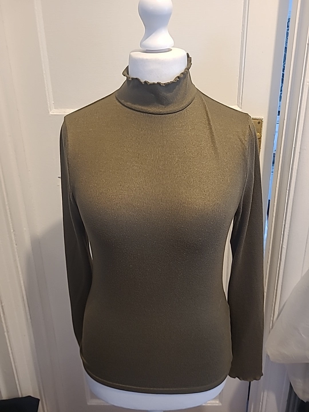 Ladies Primark Size 10-12 Dark Khaki High Neck Tshirt