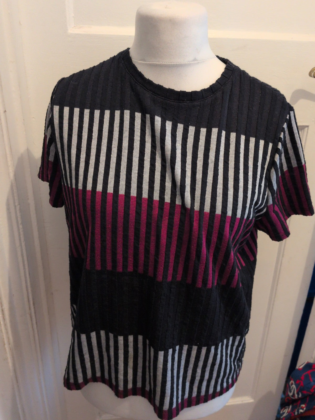 Ladies Tu 16 White Purple Navy Short Sleeve Jumper