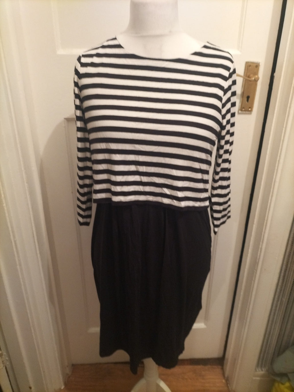Ladies M&S Collection Size 14 Black And White Striped Long Sleeved Dress