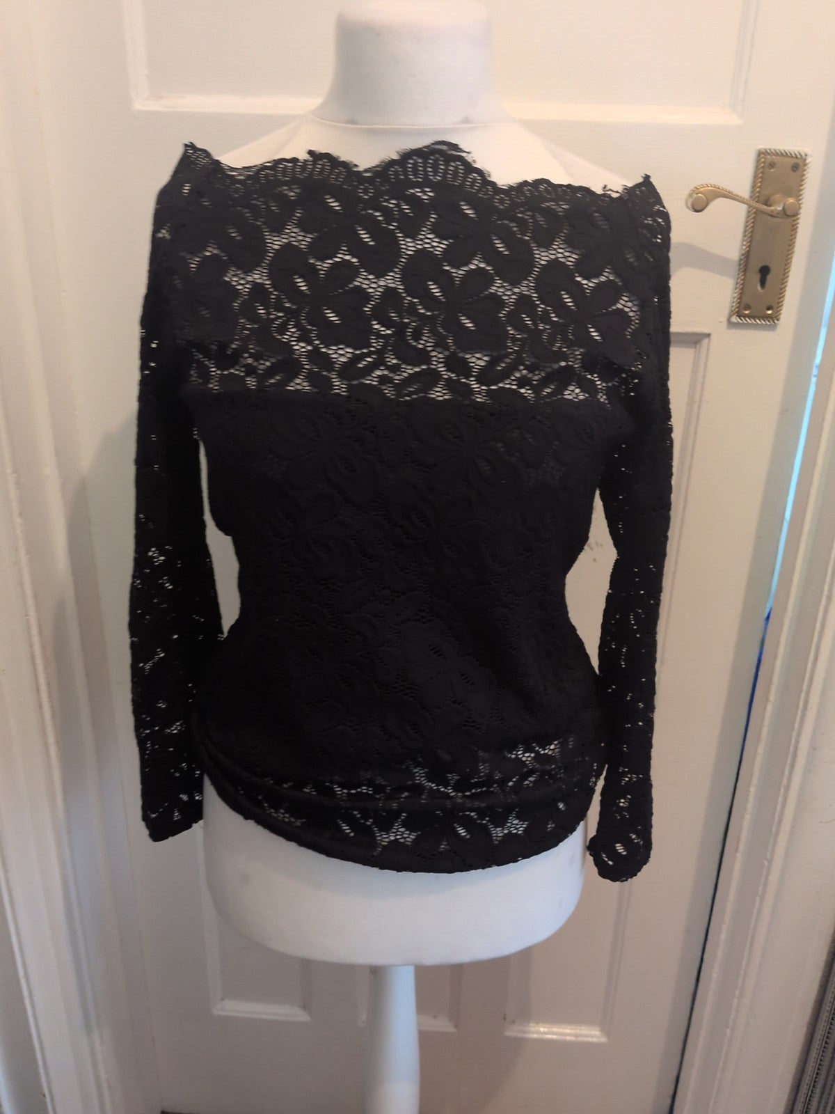 4XL Black Floral Lace Lined Long Sleeve Blouse