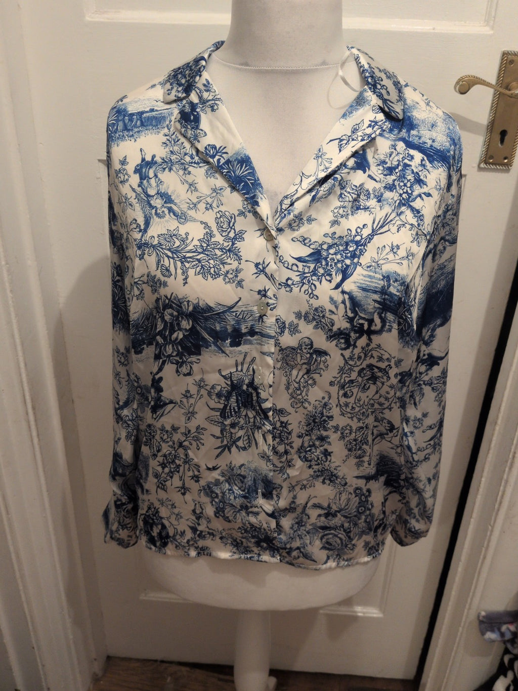 Ladies Primark Small Blue And White Long Sleeve Buttoned Blouse