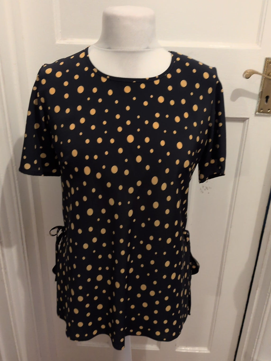 Chianti 12 Navy And Brown Spotted Short Sleeve Blouse(Pad Missing One Side)