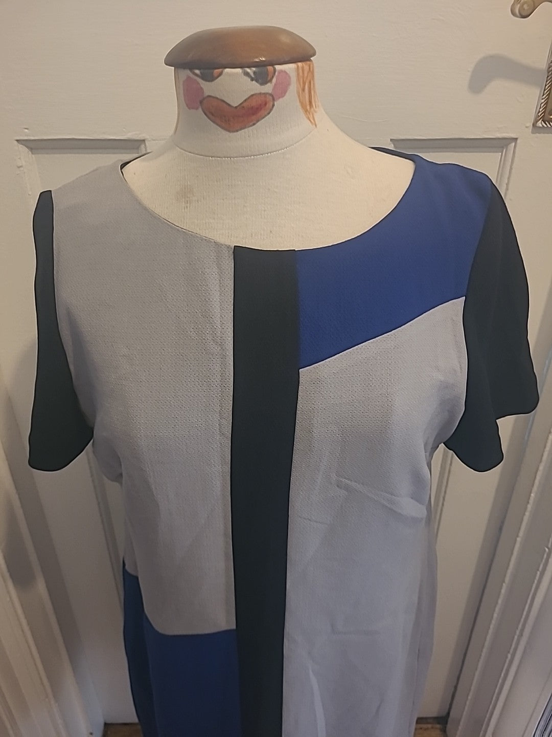 Ladies Marks And Spencer Size 16 Blue Clack Grey Short Sleeved Dress