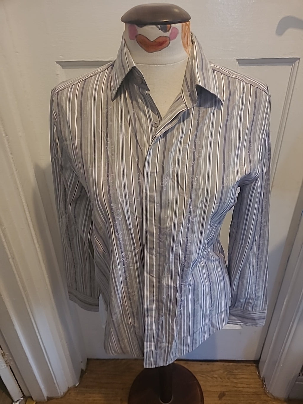 Mens John Rocha Size Small Grey Blue Detailed Striped Long Sleeved Shirt