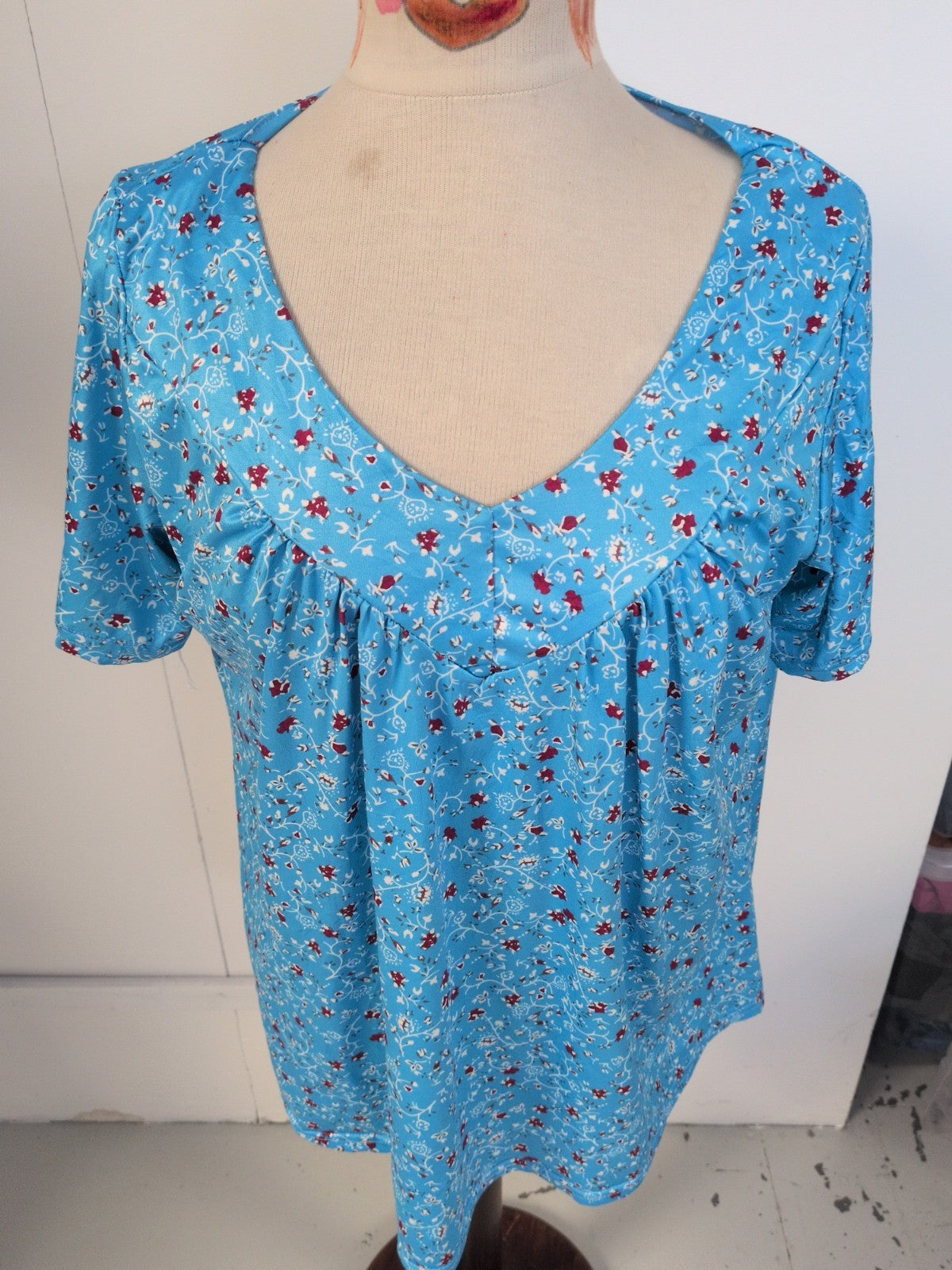 XL Blue Floral Blouse Short Sleeve