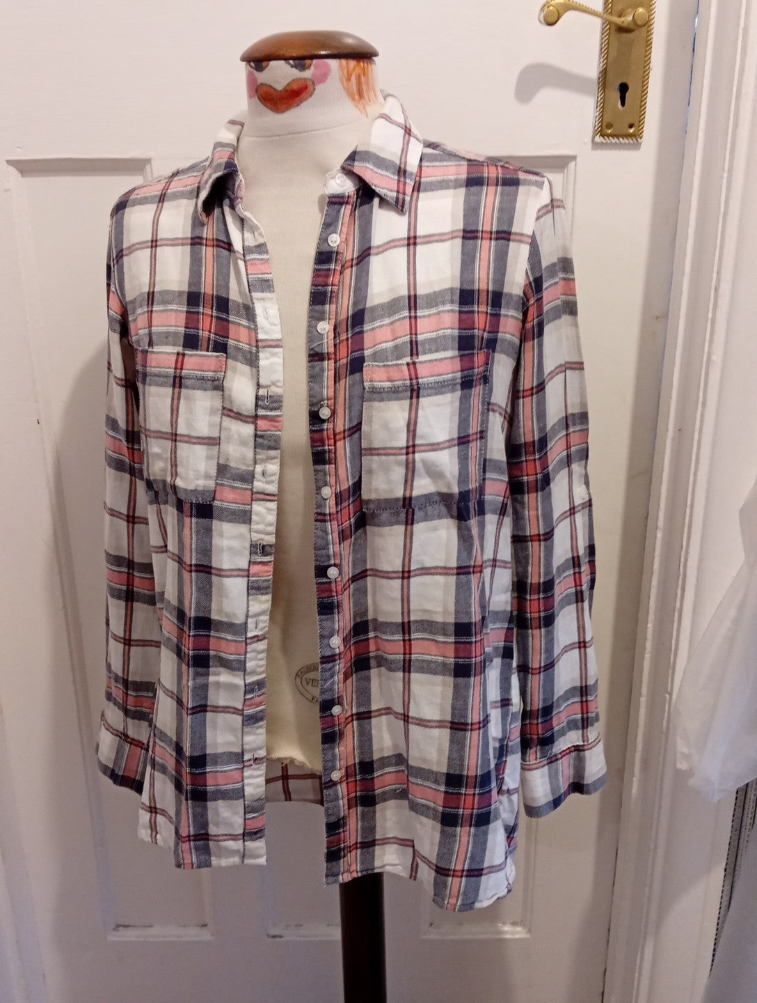 Ladies Select Size 8 Pink/Grey Check Long Sleeved Buttoned Blouse