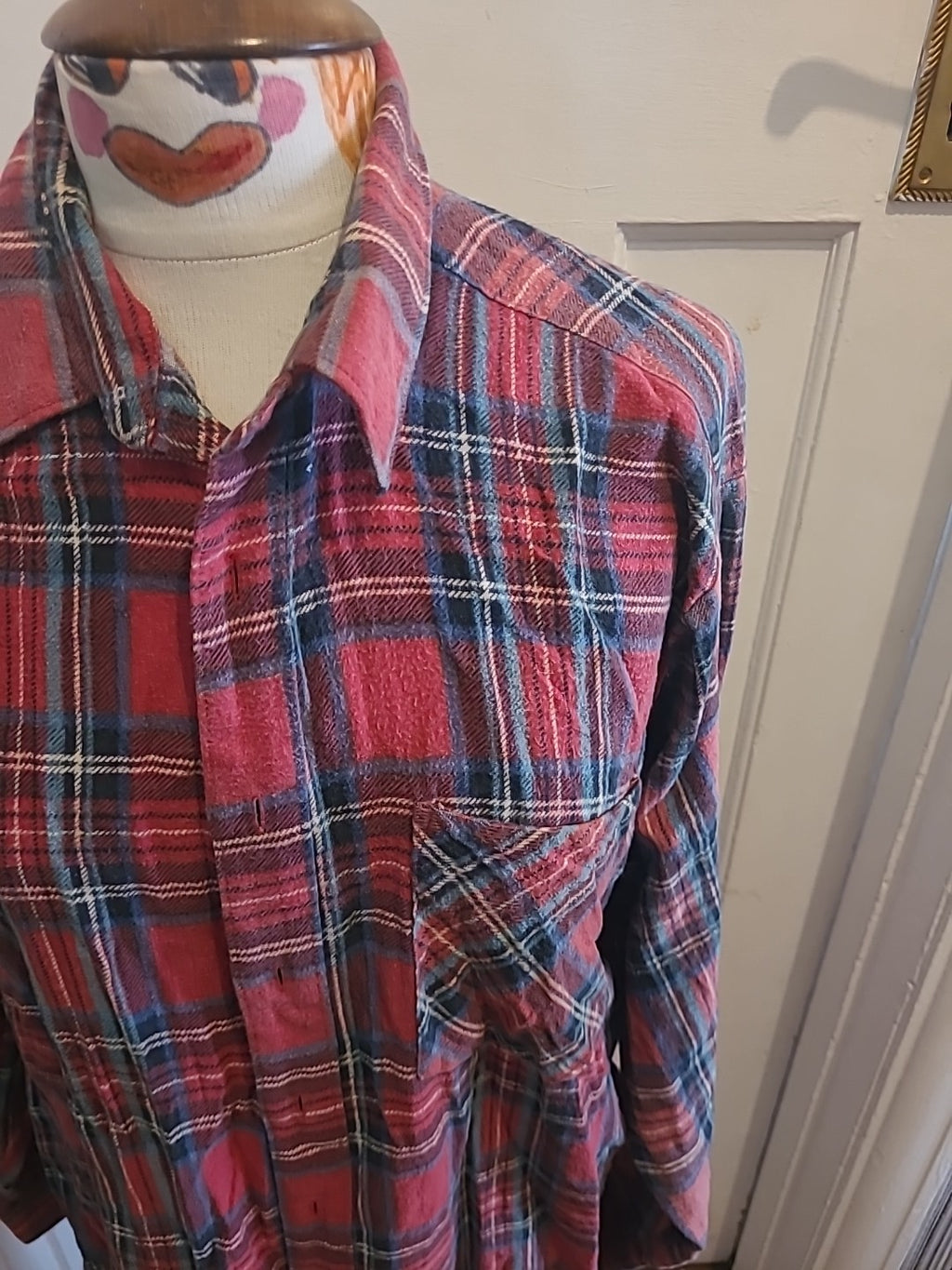 Mens C&A 16.5" Red Navy Check Long Sleeved Shirt
