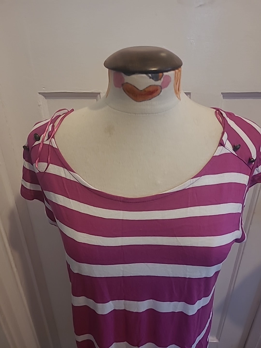 Ladies Marks And Spencer Size 14 Magenta White Striped Short Sleeved Dress