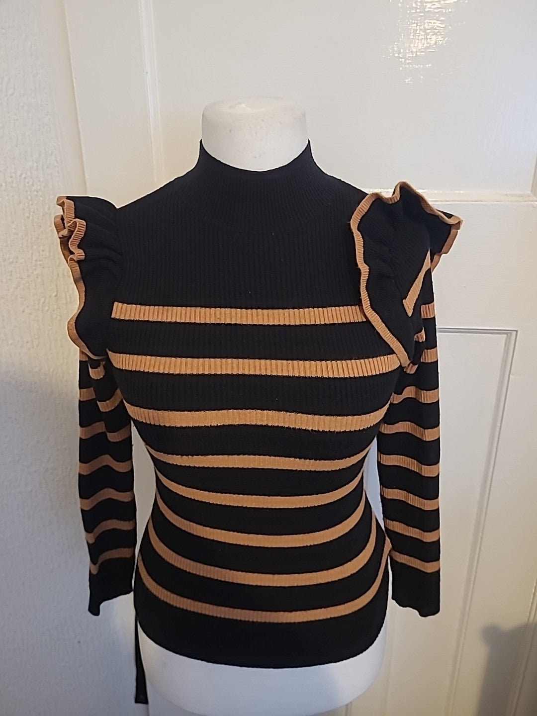 F&F Size 8 Black And Brown Striped Frill Shoulder Jumper