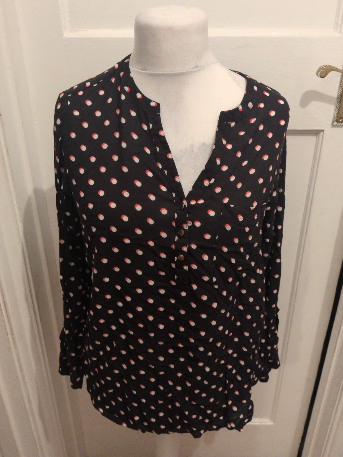 Ladies Primark Size 16 Black With White And Orange Spots Long Sleeve Blouse