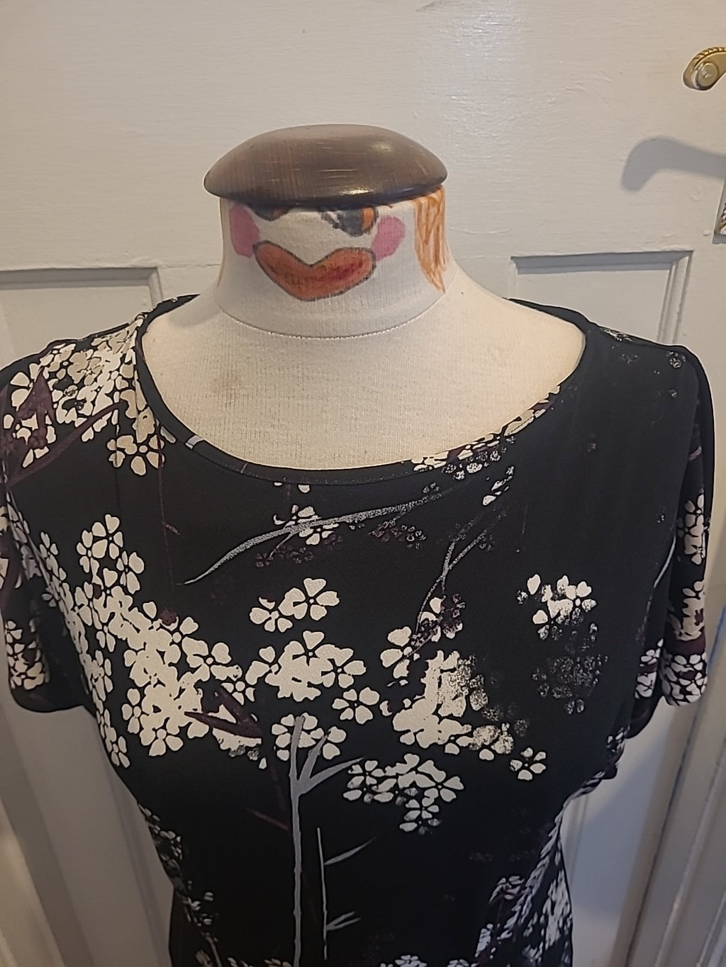 Ladies Next Size 12 Purple White Black Floral Short Sleeved Midi To Long Dress