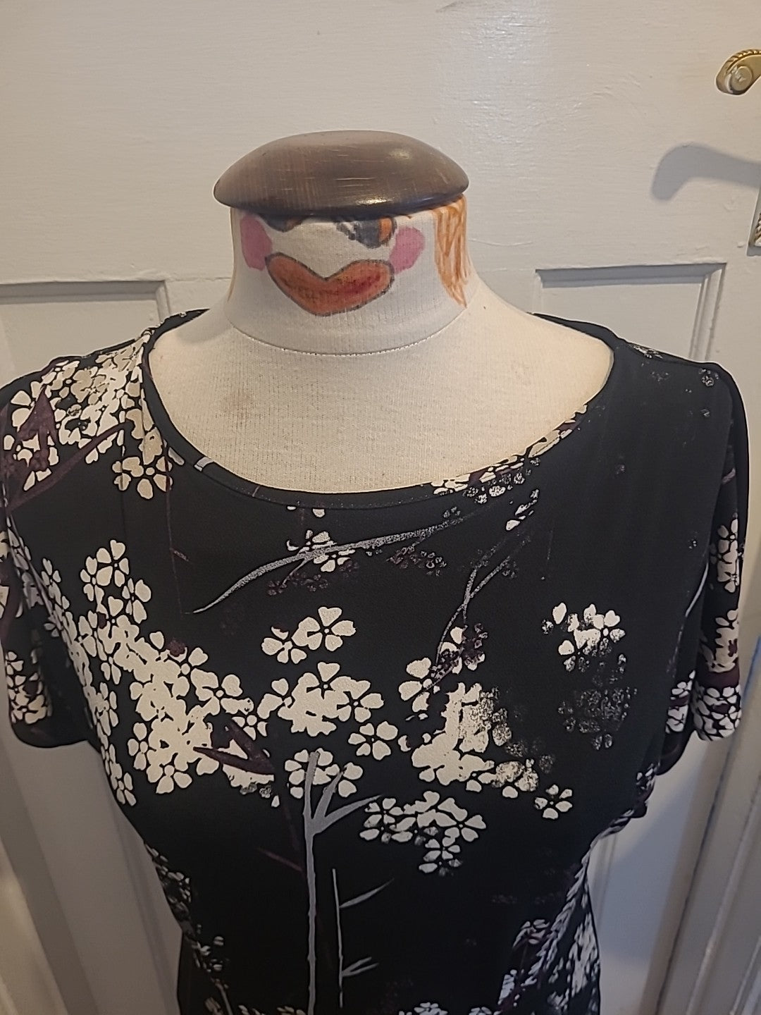Ladies Next Size 12 Purple White Black Floral Short Sleeved Midi To Long Dress