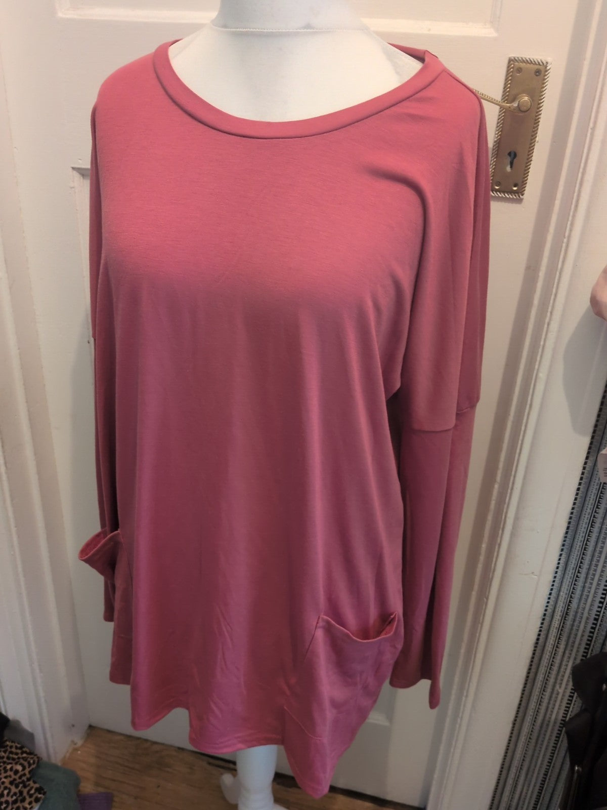 4XL Pink Long Sleeve Blouse With Pockets
