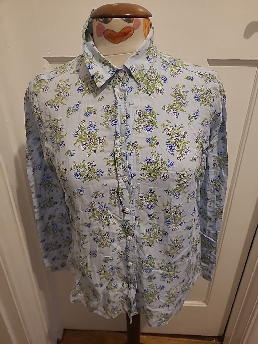 Ladies Marks And Spencer Size 10 Ivory/Green/Blue Long Sleeved Buttoned...