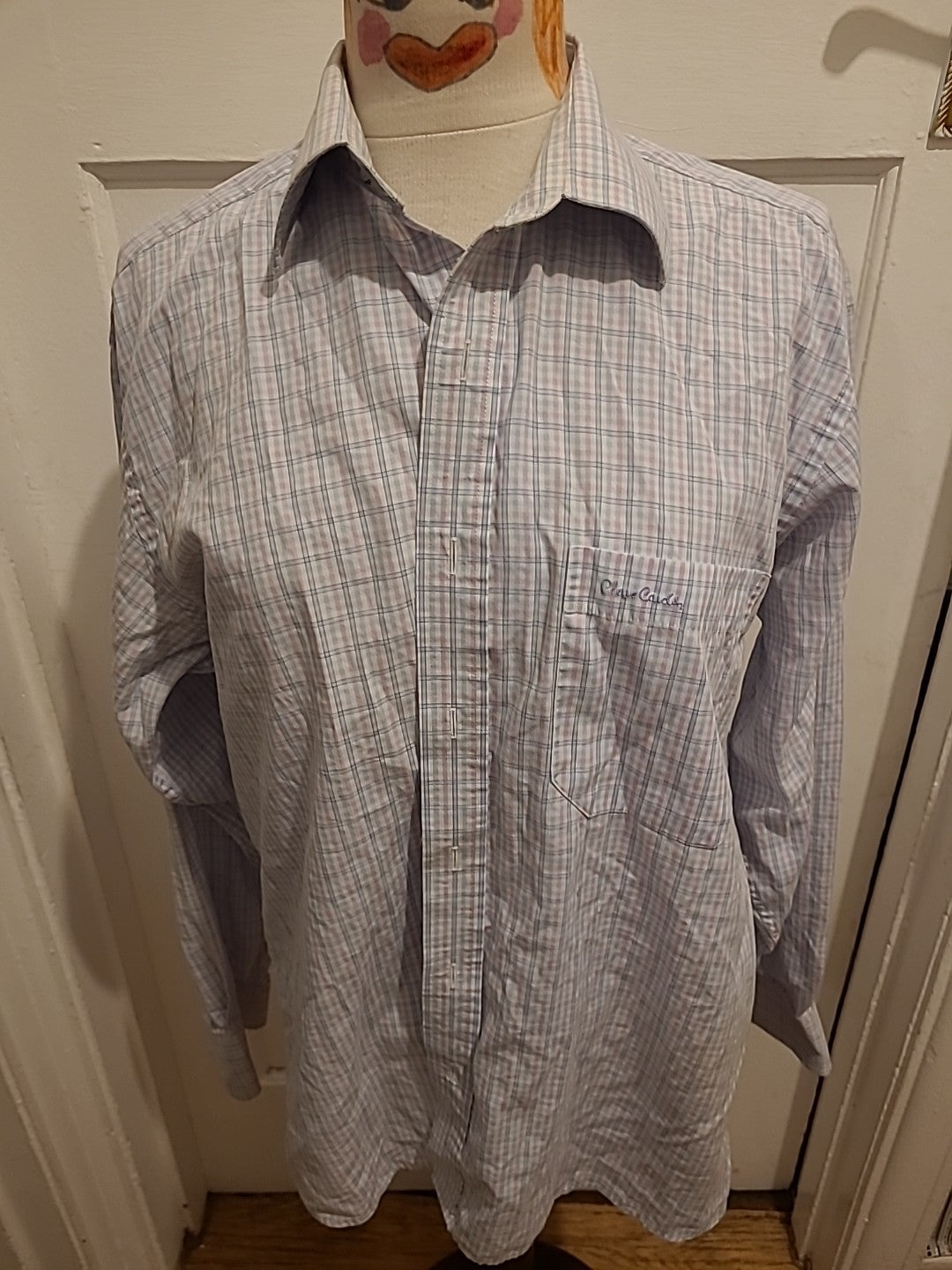 Mens Pierre Cardin Size 15.5in White Blue pink Check Long Sleeve Shirt
