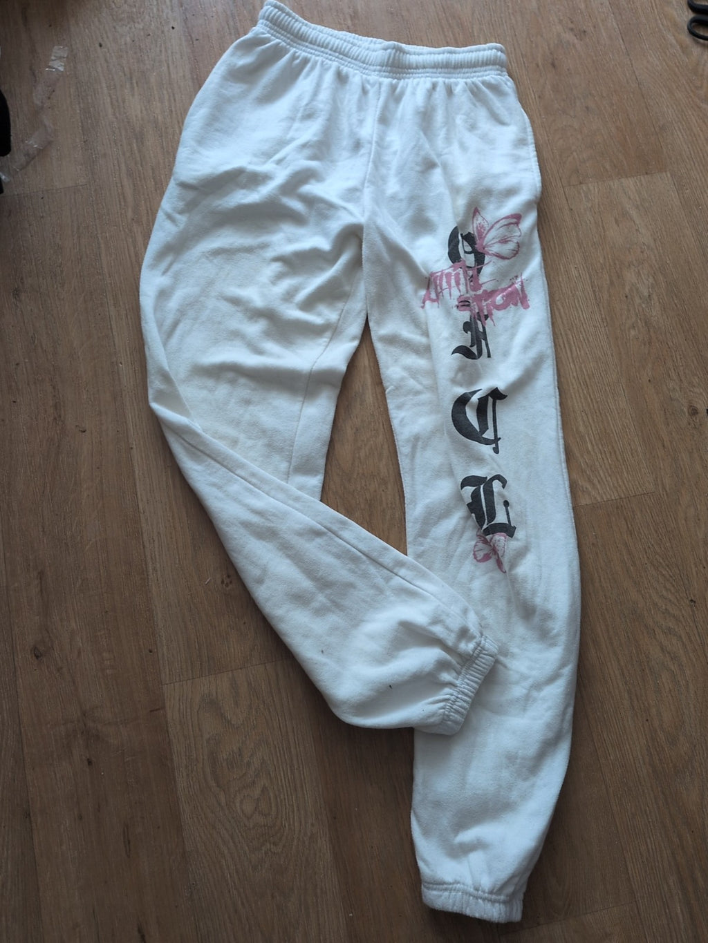 Ladies Boohoo Size XS White Printed Elasticated Long Leg Joggers