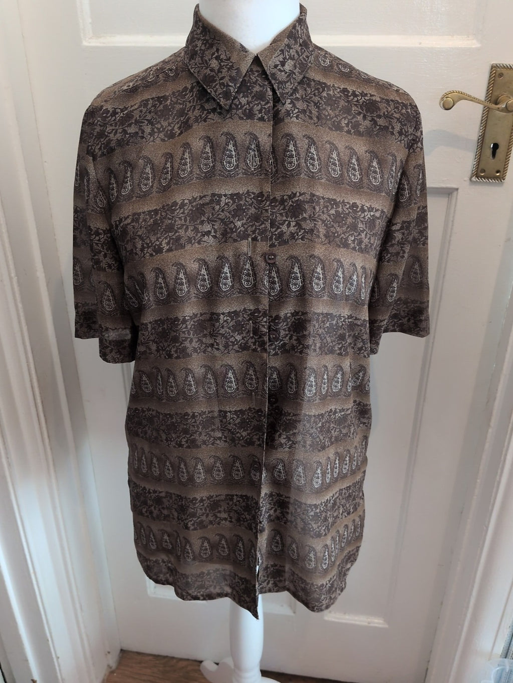 Viyella 10 Brown Patterned Short Sleeve Buttoned Blouse