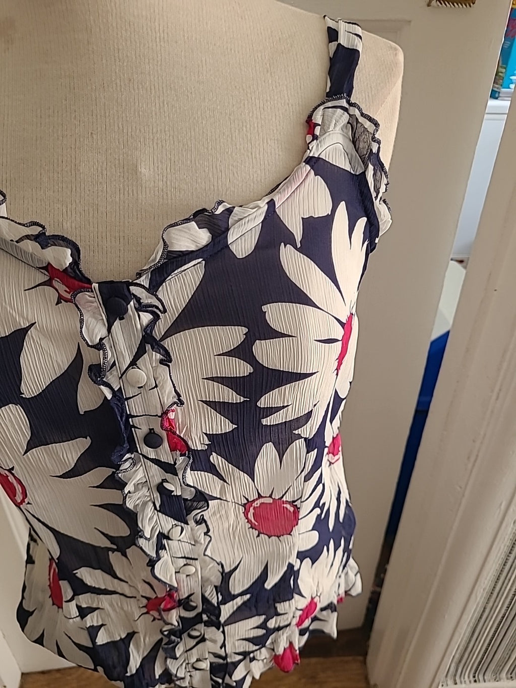 Ladies Per Una Size 10 Navy White Buttoned Floral Sleeveless Tshirt