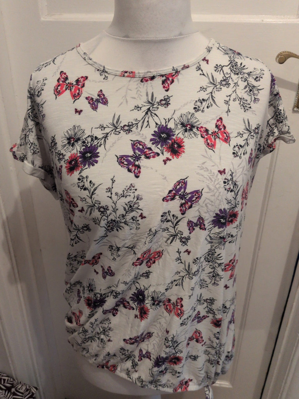 George 22 White Purple And Pink Butterfly Short Sleeve Blouse