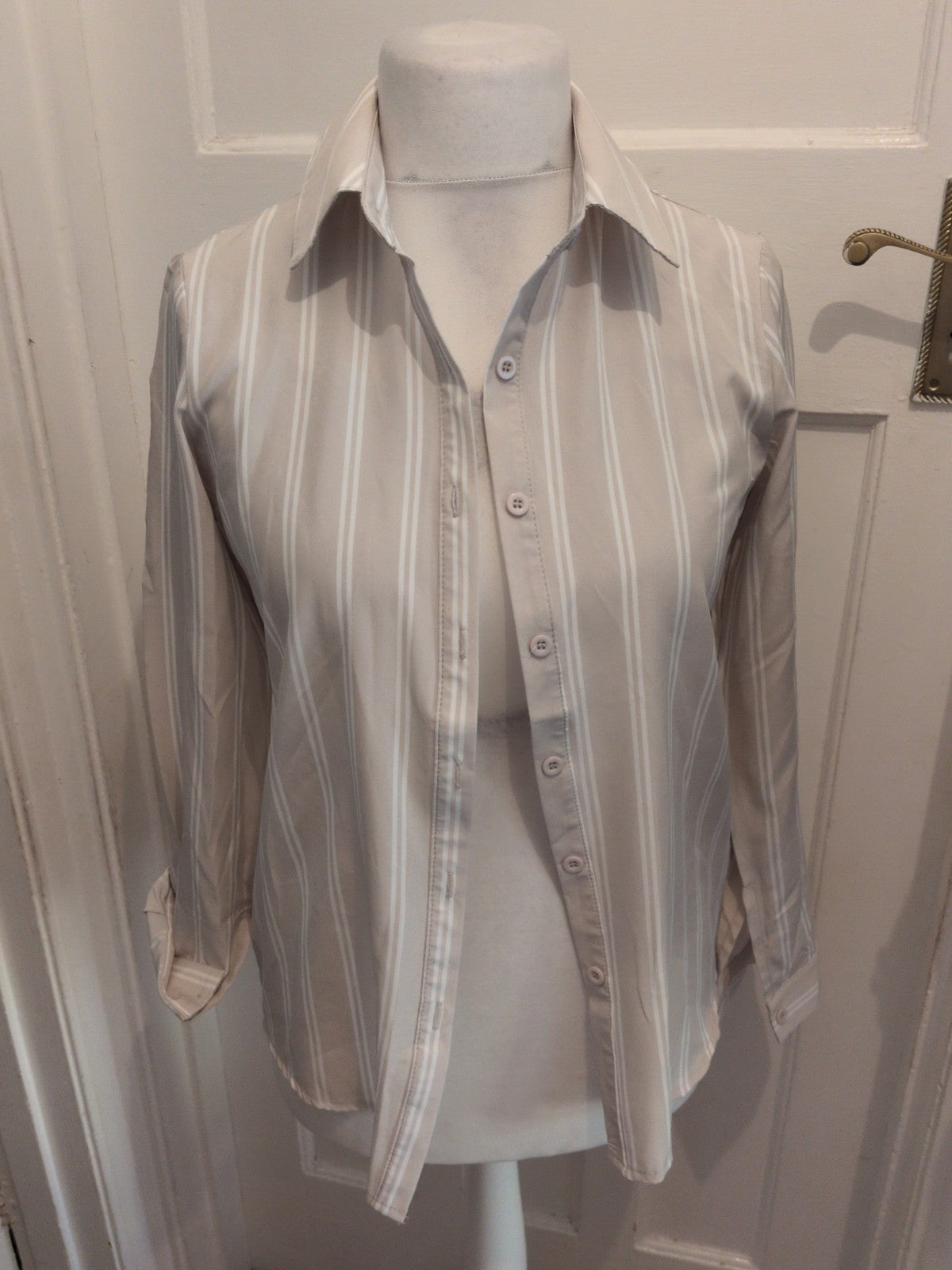 Shein Small Pale Beige And White Long Sleeve Buttoned Shirt
