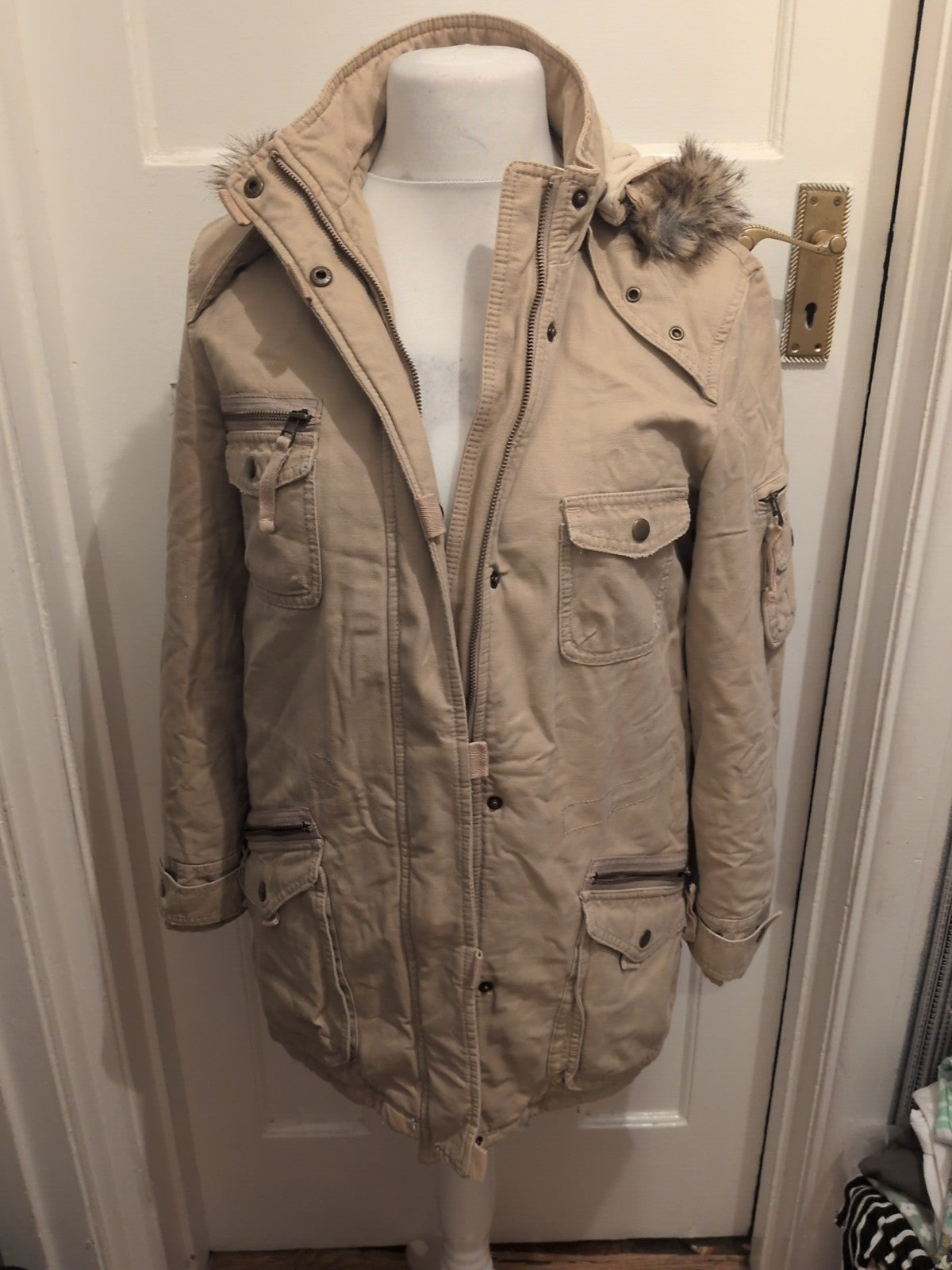 Marks And Spencer 10 Neutral Faux Fur Hood Coat