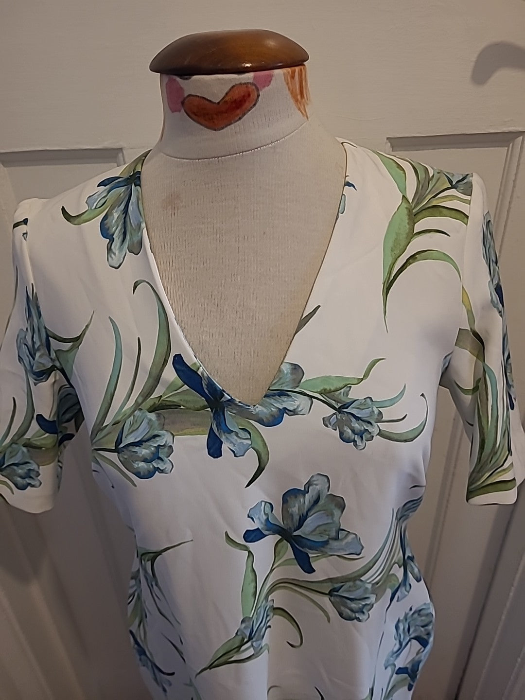Ladies Marks And Spencer Size 14R White Green Blue Floral Short Sleeved Long...