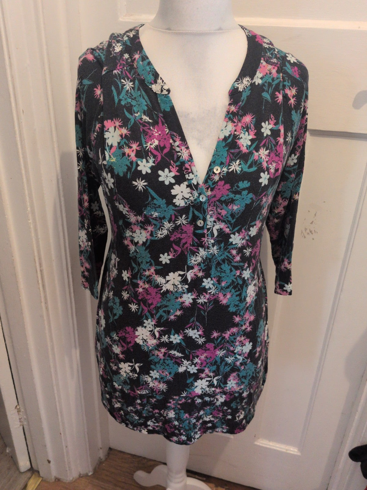 Marks And Spencer 14 Black Floral Long Sleeve Blouse